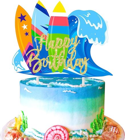 Surfing Cake Topper Decorations Surfer Birthday Party Decorations Glitter Surfboard Happy Birthday Cake Topper for Beach Surfing Hawaii Luau Theme Birthday Party Baby Shower Cake Decorations in Saudi Arabia