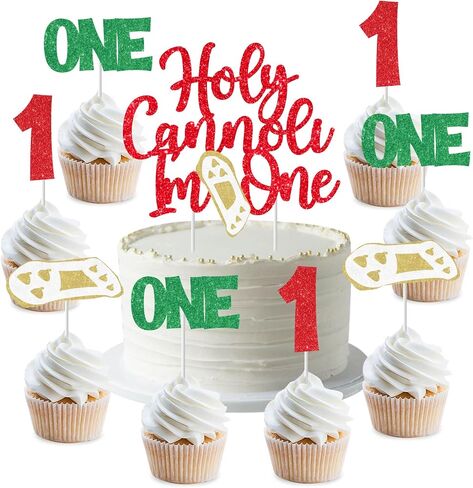 25 Pcs Holy Cannoli I’m One Birthday Cake & Cupcake Topper Set, Red Glitter Happy Birthday Cake Topper Decor, Italian Food Theme Cupcake Picks for 1st Birthday Party Supplies in Saudi Arabia