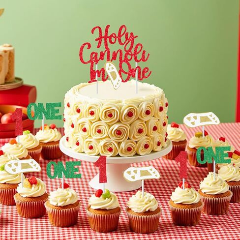 25 Pcs Holy Cannoli I’m One Birthday Cake & Cupcake Topper Set, Red Glitter Happy Birthday Cake Topper Decor, Italian Food Theme Cupcake Picks for 1st Birthday Party Supplies in Saudi Arabia