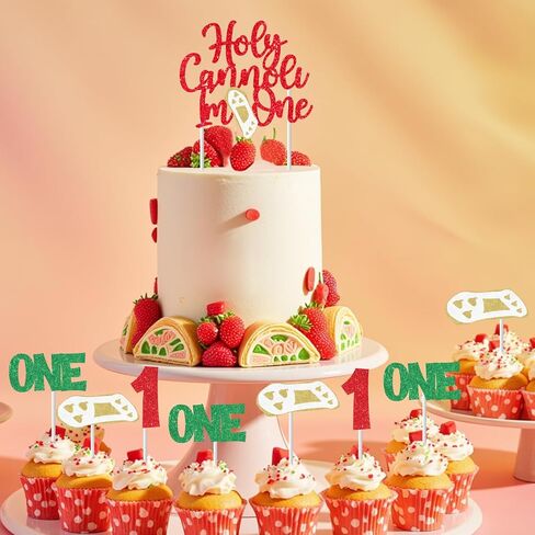 25 Pcs Holy Cannoli I’m One Birthday Cake & Cupcake Topper Set, Red Glitter Happy Birthday Cake Topper Decor, Italian Food Theme Cupcake Picks for 1st Birthday Party Supplies in Saudi Arabia