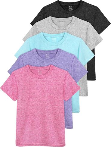 تي شيرت بناتي مناسب للجفاف مكون من 5 قطع، تي شيرت للأطفال برقبة دائرية، تي شيرت رياضي نشط للأداء الرياضي، قميص يومي كاجوال للأطفال in Kuwait