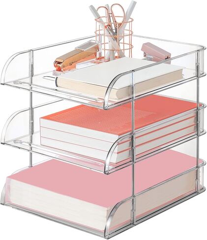 Desk Organizer and Storage,4-Tier Paper Letter Tray Organizer,Stackable Clear Desktop Organizer with 4 File Folder for Documents,Book Magazine Storage,Office Supplies, (Clear,4 Pack) in Kuwait