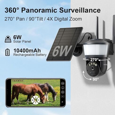 4G Cellular Security Camera Outdoor, Solar Battery Powere, 360° View, 2-Way Talk, 2K HD Color Night Vision, PIR Human Sensor, Cloud & SD, Phone App Alerts，Data Monthly Fee is Necessary in Saudi Arabia