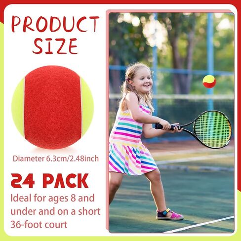 24 Pack Tennis Balls for Kids 75% Low Compression Stage Kids Tennis Ball Bulk for Beginners Ball Machine Training Transition Practicing PET Dog Playing Practice on Short 36 Foot Court in Saudi Arabia
