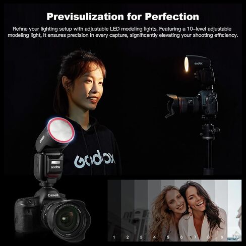 طقم فلاش Godox V1 Pro لكاميرا نيكون، Godox V1-N PRO 2.4G HSS TTL Round Head Speedlite مع ناشر، فلاش فرعي قابل للفصل، مصباح تشكيل، شحن من النوع C، وقت إعادة التدوير 1.3 ثانية، 100 ومضة مستمرة in Saudi Arabia