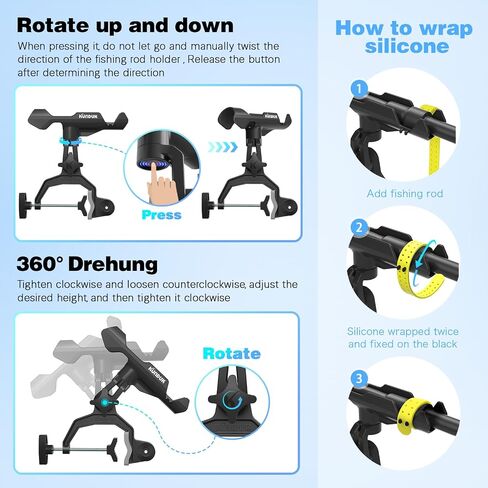 Adjustable Fishing Rod Holder for Boat,Upgraded Fishing Gear with 360°Button Rotation, Enlarged Clamp,Flexible Silicone Strap for Most Rod,Fits Round/Square Tubes, Perfect Fishing Accessory & Gifts in Saudi Arabia