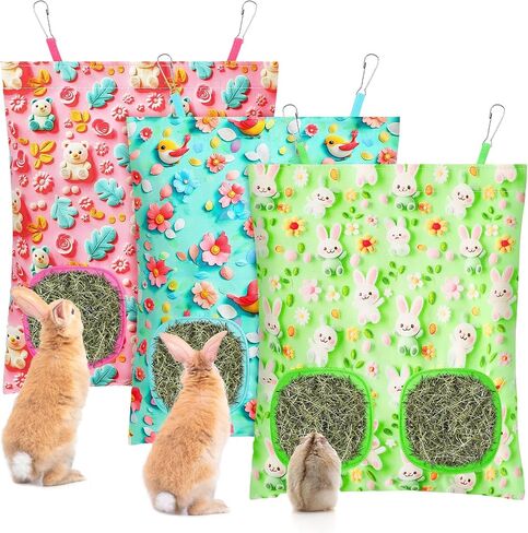 UPINS 3 Hay Bag for Rabbits 2-Hole Hanging Hay Feeder Guinea Pig Hay Bags, Hay Feeder for Rabbits Chinchillas Hamsters Small Pets and Animals in Kuwait