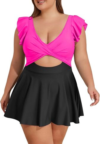 B2prity Women's Plus Size Swimsuit Tummy Control One Piece Swimdress Ruffle V Neck Cutout Wrap Bathing Suit with Skirt in Saudi Arabia