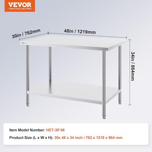 طاولة تحضير من الفولاذ المقاوم للصدأ VEVOR، مقاس 30 × 60 × 34 بوصة، سعة تحميل 910 رطل، طاولة عمل معدنية شديدة التحمل مع 3 مستويات ارتفاع قابلة للتعديل، محطة عمل تجارية للمطبخ، المرآب، المطعم، الفناء الخلفي in Kuwait