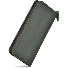 Fountain Pen Case 3 Divided Slots Crazy Horse Leather Pen Holder, Handmade Display Zippered Pouch for Rollerball Pen-Wine