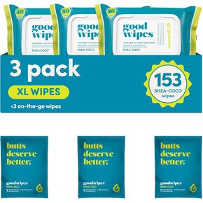 Goodwipes Flushable Butt Wipes – Soothing Botanicals – Soft & Gentle Wet Wipes for Home Use, Septic & Sewer Safe – Largest Adult Toilet Wipes – Shea-Coco, 180 count (3 packs) + 3 individually wrapped in Saudi Arabia