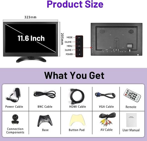Hikity 11.6 Inch Small HDMI Monitor 1920x1080P Portable CCTV Monitor | BNC, AVI, VGA, HDMI Input Cable, Remote Control, Built-in Speakers, For PC, CCTV, Security Camera, Raspberry Pi, X-Box in Saudi Arabia