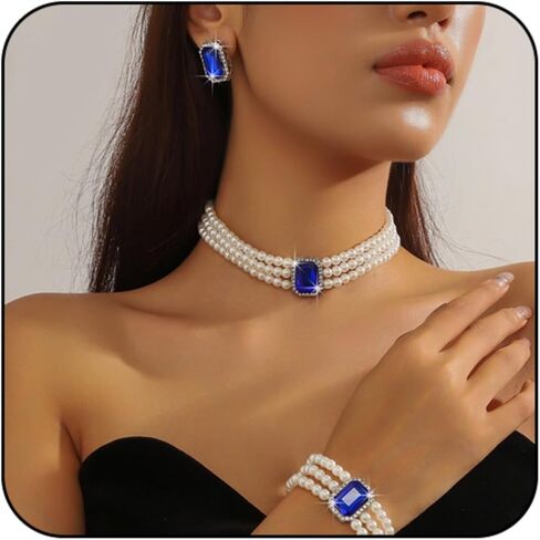 WCRAZYE Pearl Necklace Set for Women Multilayer Boho 1920s Rhinestones Fashion Faux Pearl Beaded Choker Necklaces Pearl Statement Wedding Necklace Bracelet Earrings Set for Costume Accessories (White) in Saudi Arabia