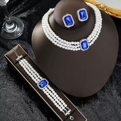 WCRAZYE Pearl Necklace Set for Women Multilayer Boho 1920s Rhinestones Fashion Faux Pearl Beaded Choker Necklaces Pearl Statement Wedding Necklace Bracelet Earrings Set for Costume Accessories (White) in Saudi Arabia