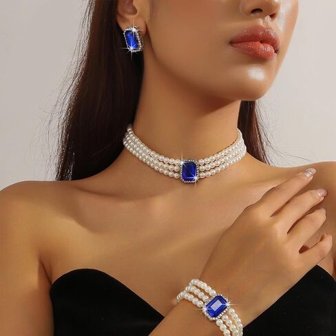 WCRAZYE Pearl Necklace Set for Women Multilayer Boho 1920s Rhinestones Fashion Faux Pearl Beaded Choker Necklaces Pearl Statement Wedding Necklace Bracelet Earrings Set for Costume Accessories (White) in Saudi Arabia
