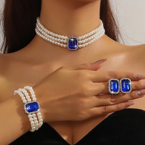 WCRAZYE Pearl Necklace Set for Women Multilayer Boho 1920s Rhinestones Fashion Faux Pearl Beaded Choker Necklaces Pearl Statement Wedding Necklace Bracelet Earrings Set for Costume Accessories (White) in Saudi Arabia