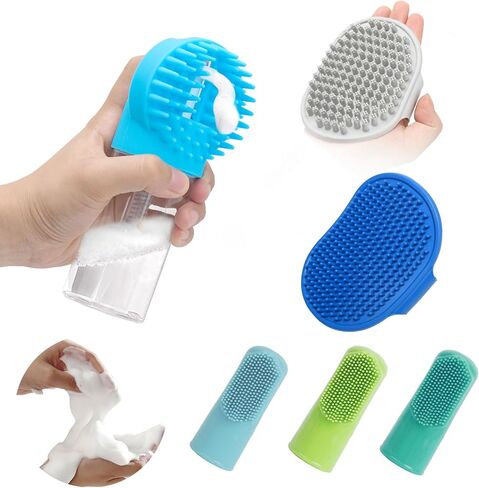 ELEGX Pet Grooming Bath Massage Brush with Soap and Shampoo Dispenser Soft Silicone Bristle for Long Short Haired Dogs Cats Shower (Grey+Blue+Massage Brush) in Saudi Arabia