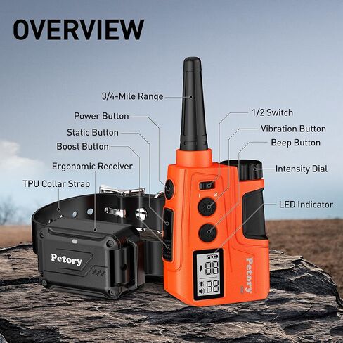 طوق تدريب الكلاب من بيتوري مع جهاز تحكم عن بعد - طوق صدمات للكلاب بمدى 3/4 ميل للكلاب التي يتراوح وزنها من 10 إلى 120 رطل، طوق قابل لإعادة الشحن مقاوم للماء مع صدمة معززة (1-30)، صفير (1-8)، اهتزاز (1-16)، صدمة آمنة (0-99) in Kuwait