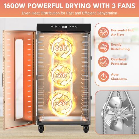 Commercial Dehydrator, 20-Layer Food Dehydrator with LED Light, 1600W, 24H Timer, Large Food Dryer Dehydrated for Homemade Jerky, Fruits, Dog Treats, Vegetables, Herbs, and Snacks in Saudi Arabia
