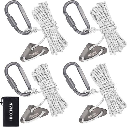Hikeman 4 Pack Camping Rope with Locking Carabiner Clip,4mm Reflective Guy Lines with Triangular Guyline Adjuster Tensioner,Nylon Cord for Tent Tarp Tie Down,Hiking,Backpacking in Kuwait