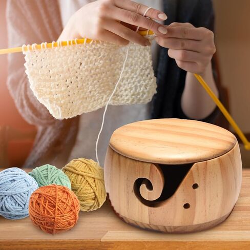 Wooden Yarn Bowl,Crochet Bowl with Lid,Knitting Yarn Bowls, Yarn Storage Bowl Handmade Craft with Storagebag for DIY Knitting Crocheting Accessories in Saudi Arabia