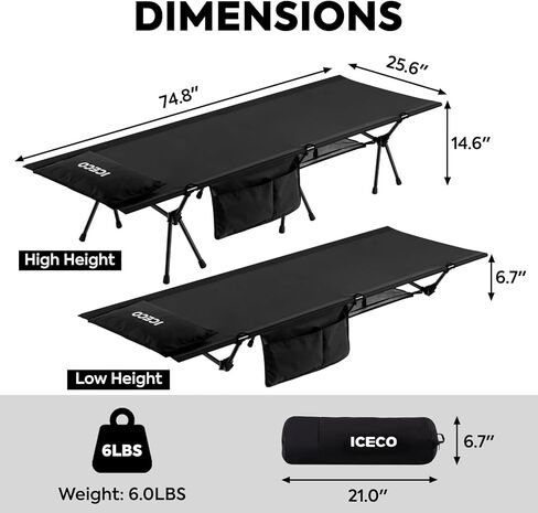 ICECO Extra Large Camping Cot for Adults, Portable Bed Sleeping Cot, Ultra-Stable Folding Bed Supports 400 Lbs, Ideal for Tent, Outdoor, Hiking, Travel, RV, Beach in Kuwait