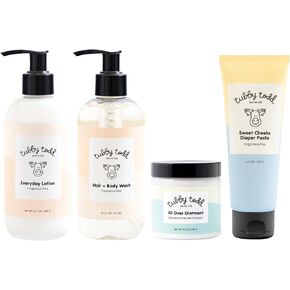 Tubby Todd Baby Bath & Skincare Kit - The Baby Bundle - Baby Shampoo and Body Wash, Everyday Lotion, All Over Ointment & Diaper Paste Cream Gift Set - Full Size Fragrance-Free in Kuwait