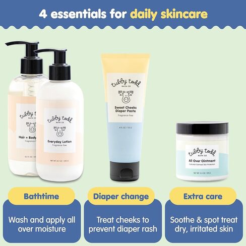 Tubby Todd Baby Bath & Skincare Kit - The Baby Bundle - Baby Shampoo and Body Wash, Everyday Lotion, All Over Ointment & Diaper Paste Cream Gift Set - Full Size Fragrance-Free in Kuwait