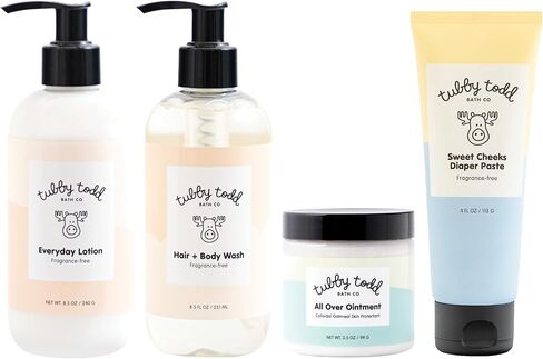 Tubby Todd Baby Bath & Skincare Kit - The Baby Bundle - Baby Shampoo and Body Wash, Everyday Lotion, All Over Ointment & Diaper Paste Cream Gift Set - Full Size Fragrance-Free in Kuwait