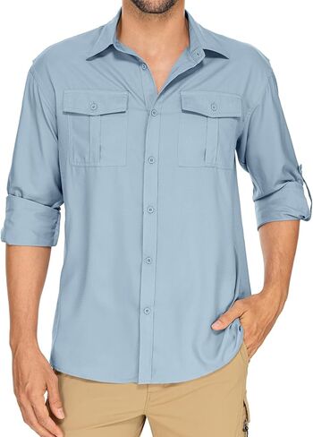 Men's Long Sleeve Safari Shirts UPF 50+ Lightweight Quick Dry Cooling, Hiking Fishing UV Sun Protection Shirts in Kuwait