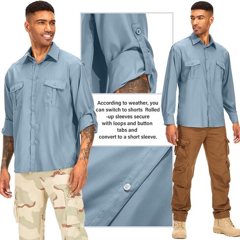 Men's Long Sleeve Safari Shirts UPF 50+ Lightweight Quick Dry Cooling, Hiking Fishing UV Sun Protection Shirts in Saudi Arabia