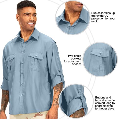 Men's Long Sleeve Safari Shirts UPF 50+ Lightweight Quick Dry Cooling, Hiking Fishing UV Sun Protection Shirts in Saudi Arabia