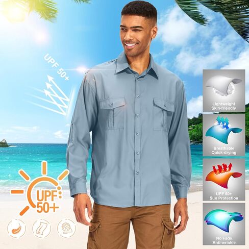 Men's Long Sleeve Safari Shirts UPF 50+ Lightweight Quick Dry Cooling, Hiking Fishing UV Sun Protection Shirts in Saudi Arabia
