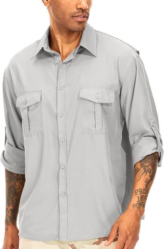 Men's Long Sleeve Safari Shirts UPF 50+ Lightweight Quick Dry Cooling, Hiking Fishing UV Sun Protection Shirts in Saudi Arabia