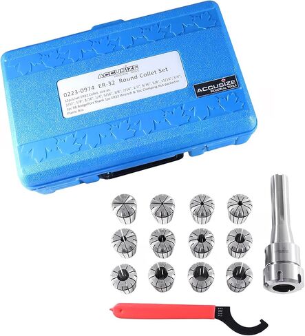 Accusize Industrial Tools 12 قطعة Er-32 Collet Set بالإضافة إلى 1 قطعة R8 Bridgeport Shank حامل ومفتاح ربط في صندوق مناسب، 0223-0974 in Saudi Arabia