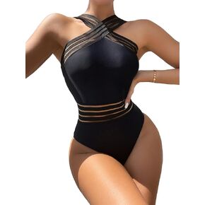 Floerns Women's Contrast Mesh Criss Cross One Piece Swimsuit Beachwear Bathing Suit