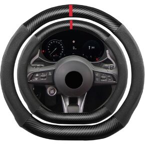 D Shape Suede Carbon Fiber Steering Wheel Cover, Compatible with Alfa Romeo Giulia Stelvio 15 inch Flat Bottom Soft Alcantara Touch Leather Sport Non-Slip Automotive Interior Accessories