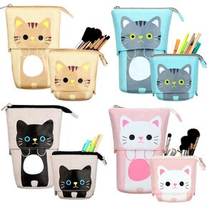4 Pieces Telescopic Pencil Case Telescopic Pencil Pouch Holder Canvas PU Cartoon Organizer Makeup Bag Cosmetics Stationery Pen Case Box with Zipper (Cat Print)