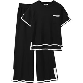 Women's 2 Piece Outfits Short Sleeve Knit Pullover Tops High Waist Wide Leg Pants Lounge Sets with Pocket