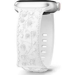 Embossed Flower Band Compatible with Apple Watch Band 40mm 44mm 41mm 38mm 45mm 42mm 49mm Women,Cute Rose Engraved Strap Soft Silicone Wristbands for iWatch Series 9 8 7 6 SE 5 4 3 2 1 Ultra