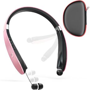 Bluetooth Neckband Headphones, Dpvisn Foldable Wireless Lightweight Neck Headset with Retractable Earbuds, Noise Cancelling Sweatproof Stereo Earphones with Mic & Carrying Case (Black)