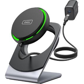 INIU Magsafe Charger Compatible, 15W Fast Charging Magnetic Wireless Charger Stand, Wireless Charging Station with Sleep-Friendly Adaptive Light and Cooling Fan, for iPhone 15/14/13/12 Series, Airpods