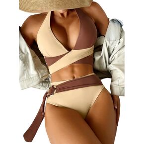 Floerns Women's Colorblock Ring Linked Tie Back Halter 2 Piece Bikini Swimsuit