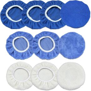 Kewucn 9PCS Car Polisher Pad, 5 to 6 Inches Car Orbital Microfiber Bonnet Polishing Buffing Pad Cover, Universal Auto Cleaning Waxers Kit- 4 Microfiber, 3 Coral Fleece, 2 Woolen (5-6 Inches)