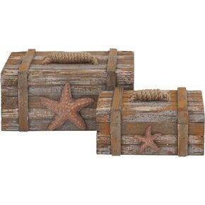 Deco 79 Wood Starfish Handmade Decorative Box Distressed Decorative Keepsake Boxes with Knotted Rope Details, Set of 2 Storage Boxes 10", 7"W, Brown