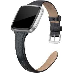 Leather Bands Compatible with Fitbit Versa 2 / Fitbit Versa Lite & SE/Fitbit Versa, Slim Thin Genuine Leather Replacement Strap for Versa Women (5.5" - 7.9"), Black, Champagne, Rose Gold, Tan
