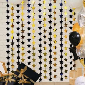 LOLStar 2 Pack Black and Gold Glitter Stars Birthday Decorations 3.3X6.6 ft Each Bright Star Golden Backdrop Foil Fringe Curtains for 2024 Graduation Wedding Baby Shower Anniversary Party Decor