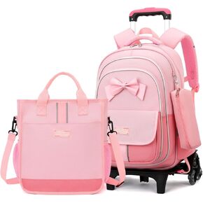 MITOWERMI حقيبة ظهر متدحرجة للفتيات 3 قطع حقيبة مدرسية ابتدائية حقيبة ظهر لطيفة على شكل فيونكة مع عجلات حقائب كتب للفتيات مع حقيبة يد وحقائب ترولي للأطفال وحقائب حمل in Kuwait