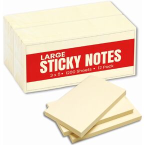 1InTheOffice Large Sticky Notes 3x5, Self-Stick Note Pads, Sticky Notes 3x5, Yellow, 100-Sheet, 12/Pack