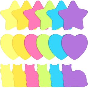 540 Pieces Heart Star Shaped Sticky Notes for Kids Colorful Fun Cute Adhesive Cat Sticky Notes for Reminders Messages Home School Office(Heart, Star, Cat Style)